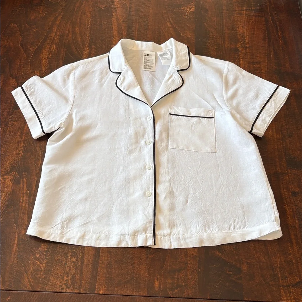 H&M Linen Blend Short Sleeved Shirt White Black Size Medium - Picture 5 of 13